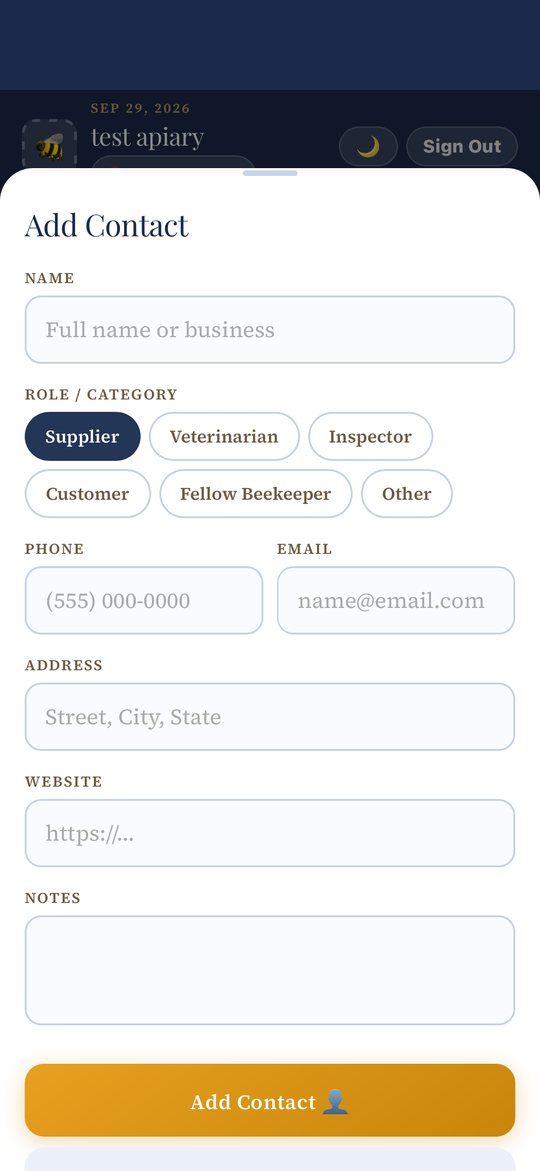 The Add Contact form with Name, Role pills, Phone, Email, Address, Website and Notes fields.