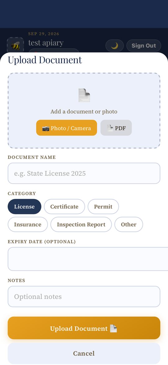 The Upload Document form with Photo/Camera and PDF options, Document Name, Category pills, Expiry Date, and Notes.