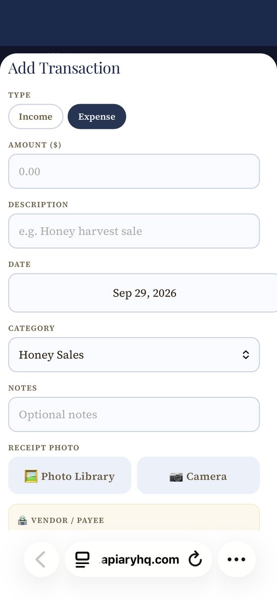 The Add Transaction form with Type, Amount, Description, Date, Category, Notes and Receipt Photo fields.