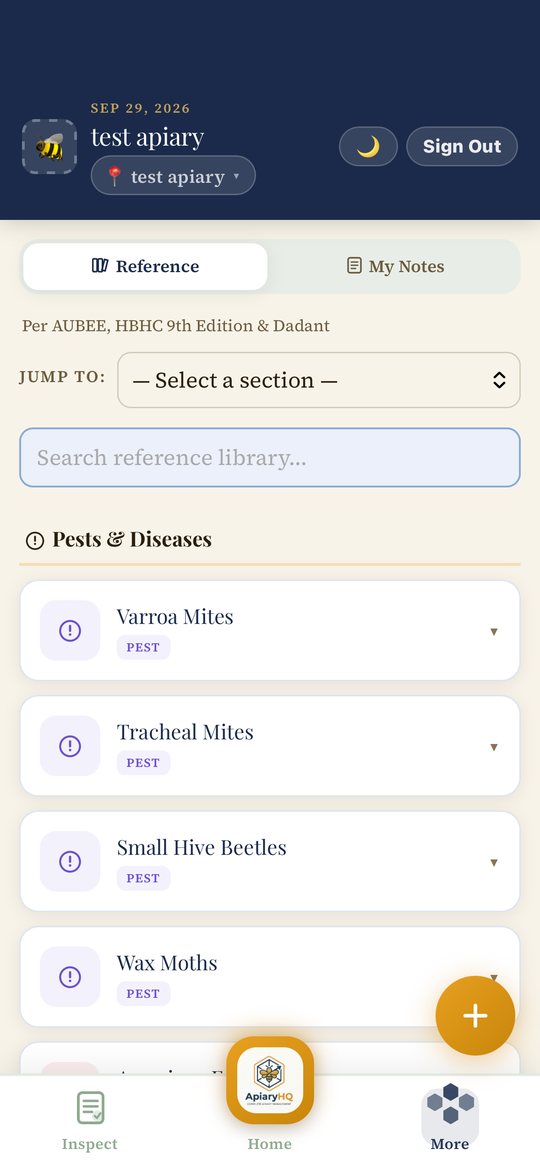 The Reference sub-tab with the Jump to dropdown, search bar, and the Pests and Diseases section listing Varroa Mites, Tracheal Mites, Small Hive Beetles, and Wax Moths.