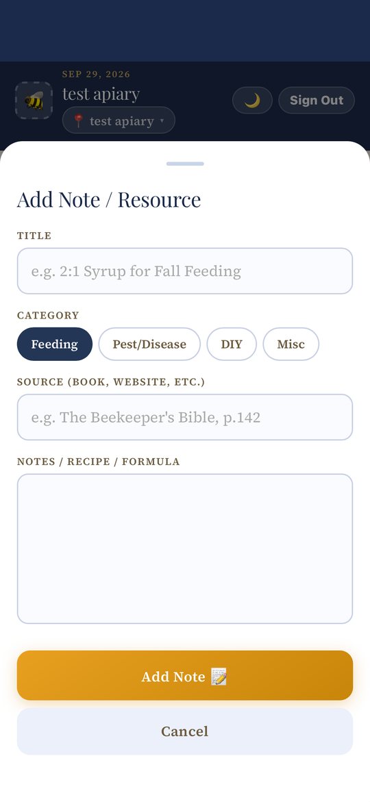 The Add Note / Resource form with Title, Category pills, Source, and Notes / Recipe / Formula fields.
