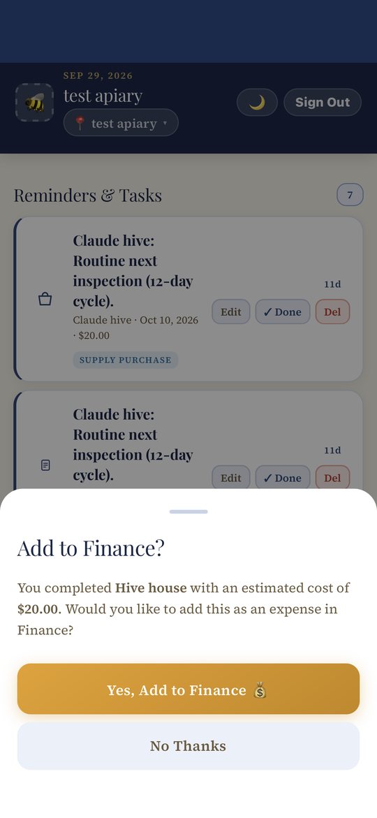The Reminders list with Edit, Done and Del buttons on each reminder, and the Add to Finance prompt after completing one.