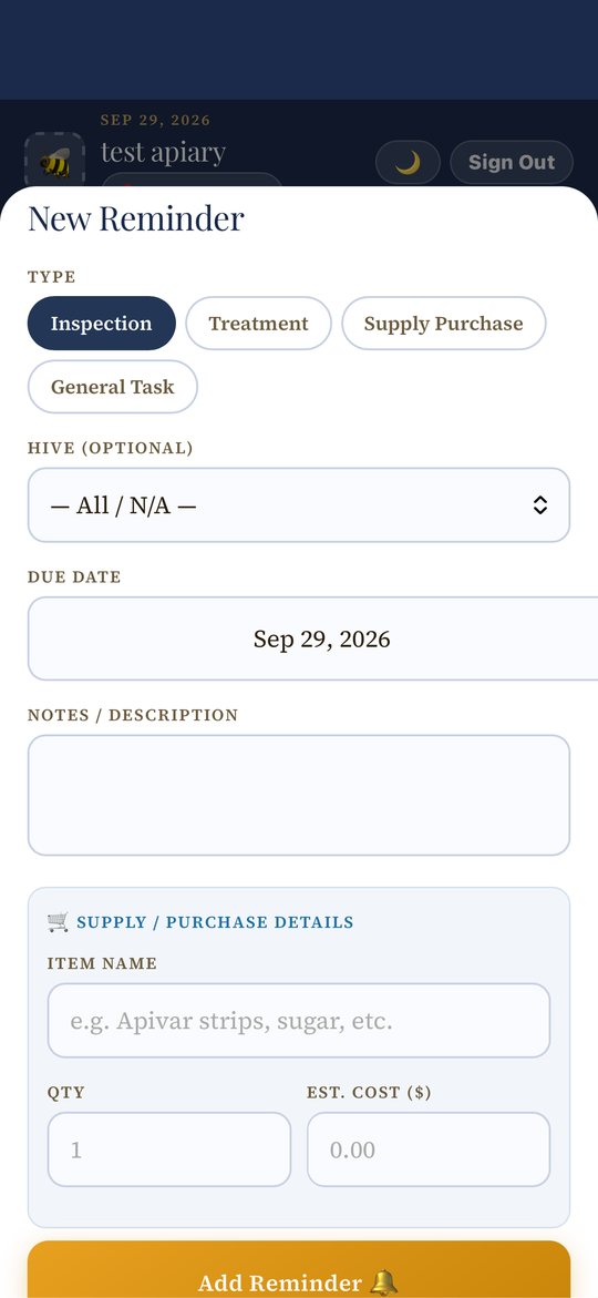 The New Reminder form with Type pills, Hive, Due Date, Notes, and Supply/Purchase Details fields.