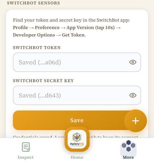 The SwitchBot Token and Secret Key fields showing as Saved, with the last four characters visible.