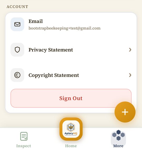 The Account card with Email, Privacy Statement, Copyright Statement, and a Sign Out button.