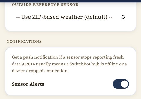 The Notifications card with the Sensor Alerts toggle turned on.
