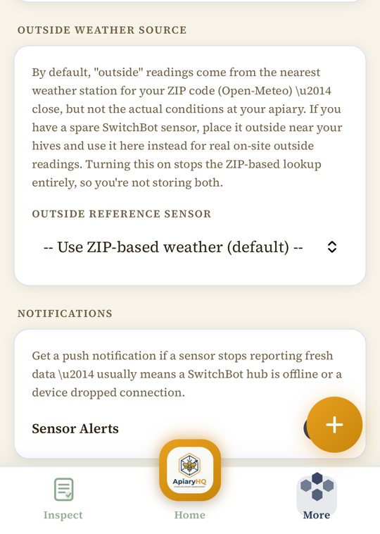 The Outside Weather Source card explaining ZIP-based weather versus a SwitchBot outside sensor, with the Outside Reference Sensor dropdown.