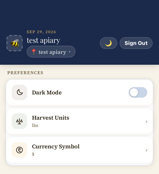 The Preferences card with Dark Mode, Harvest Units, and Currency Symbol rows.