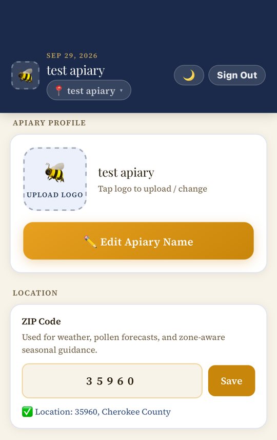 The Apiary Profile card with logo upload and Edit Apiary Name button, and the Location card with ZIP Code field.